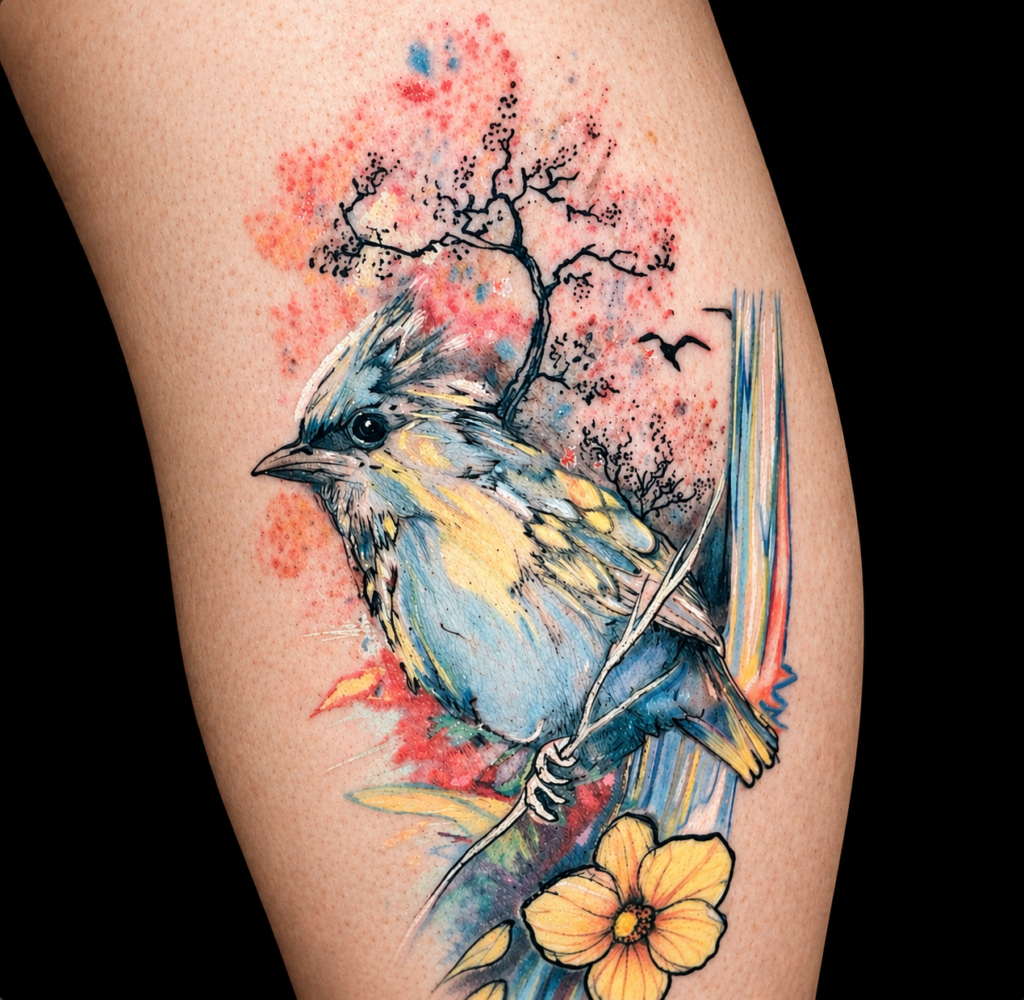 Tatouage fine line couleur - La Cerise Tattoo Gland - tatoueur vaudois