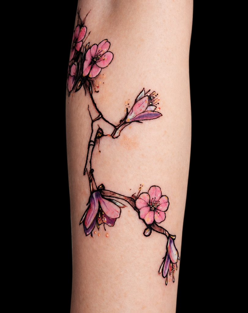 Tatouage fine line fleurs de cerisier, La Cerise Tattoo gland.