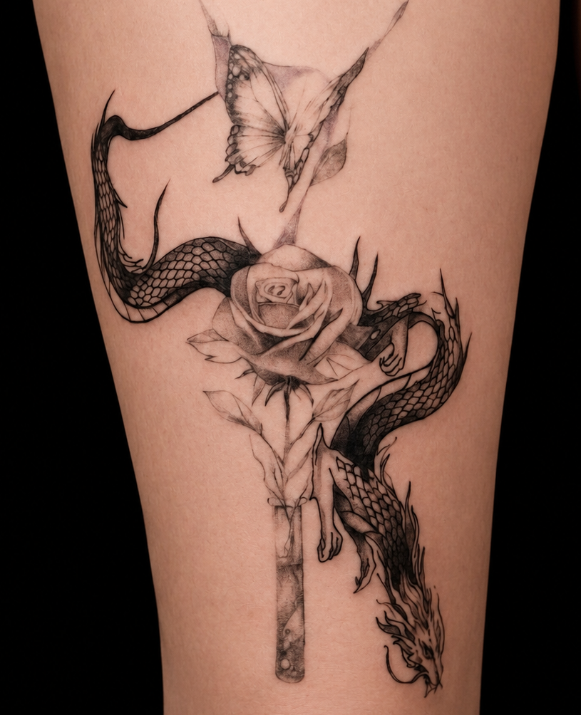 Tatouage rose fine line, la cerise tattoo à gland - studio de tatouage nyon 