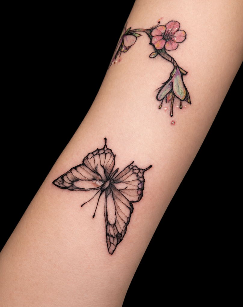 Tatouage papillon fine line- La Cerise Tattoo gland - 
