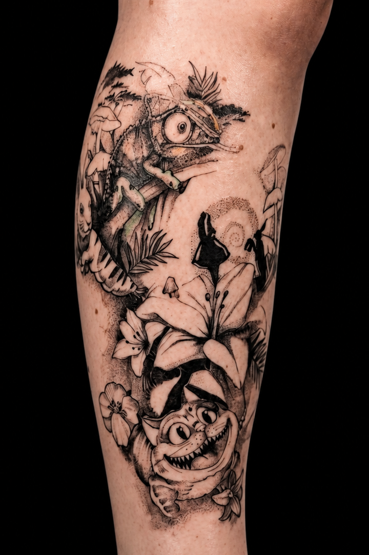 Tatouage fine line Alice au pays des merveilles et caméléon - tatoueur fine line Gland, La Cerise Tattoo
