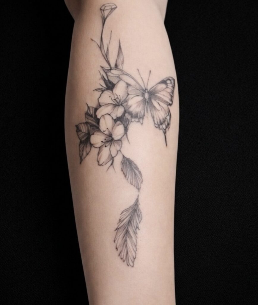 Tatouage floral fine line - La Cerise Tattoo Gland - studio de tatouage la côte
