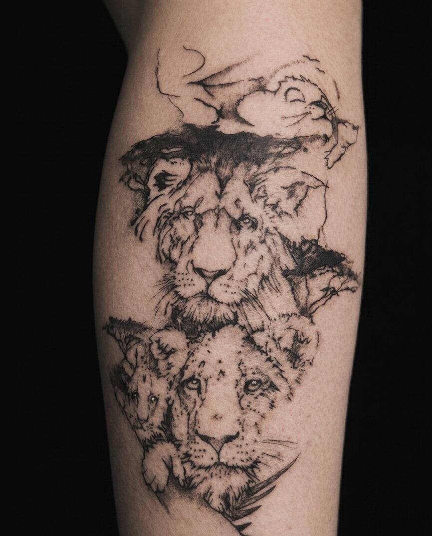 Tatouage lion fine line - la c rise tattoo à gland - studio de tatouage vaudois 
