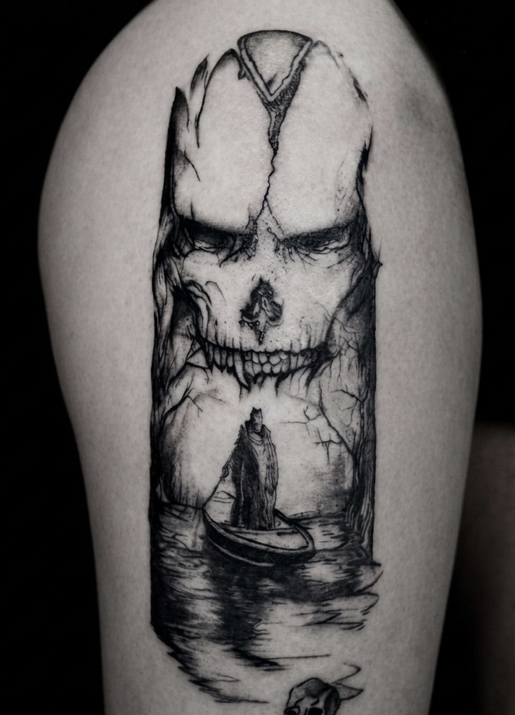 Tatouage fine line tête de mort, la cerise tattoo à gland- tatoueur créateur vaudois 