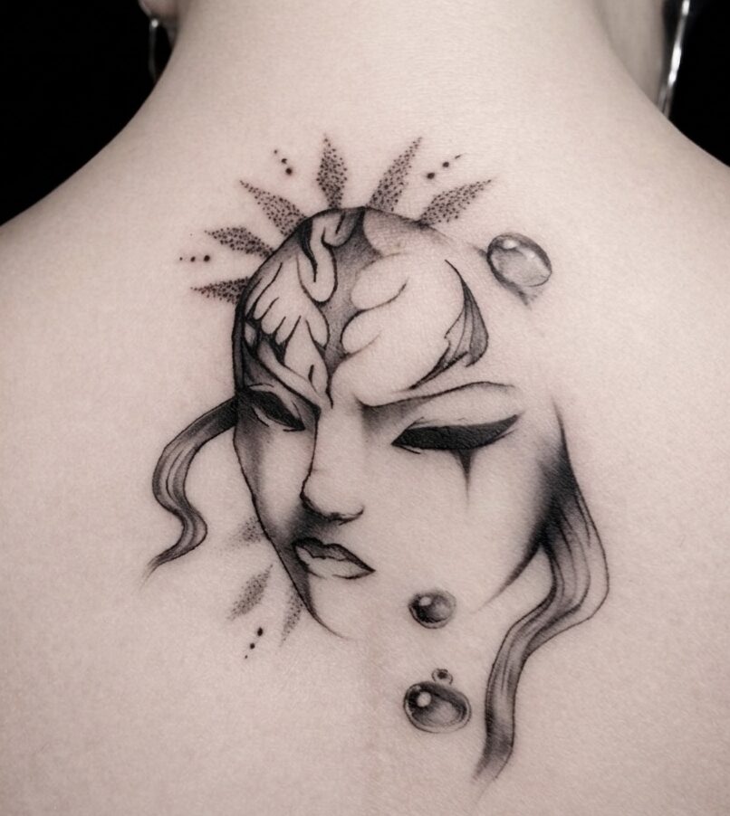  tatouage fine line Masque japonais- la cerise tattoo à gland- artiste tatoueur 