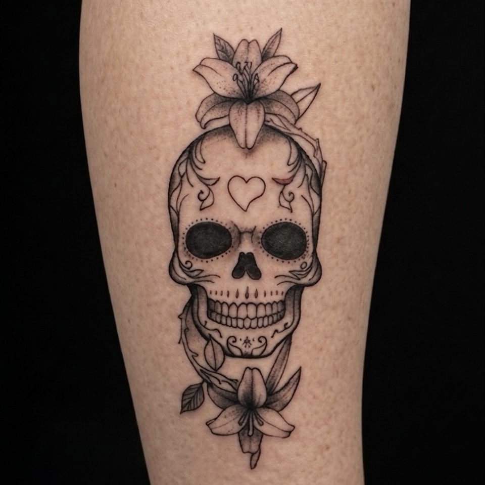 Tatouage tête de mort fine line - tatoueur fine line Gland , La Cerise Tattoo 