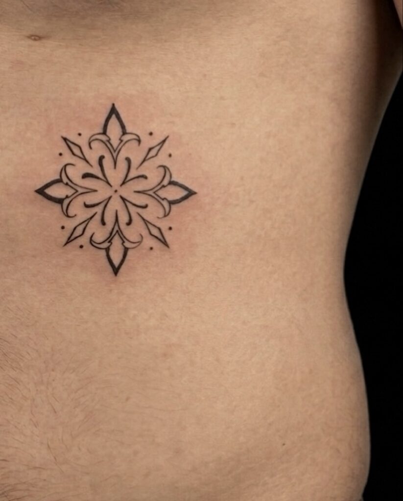 Tatouage mandala fine line, la cerise tattoo à gland - tatoueur la côte - tatoueur vaudois