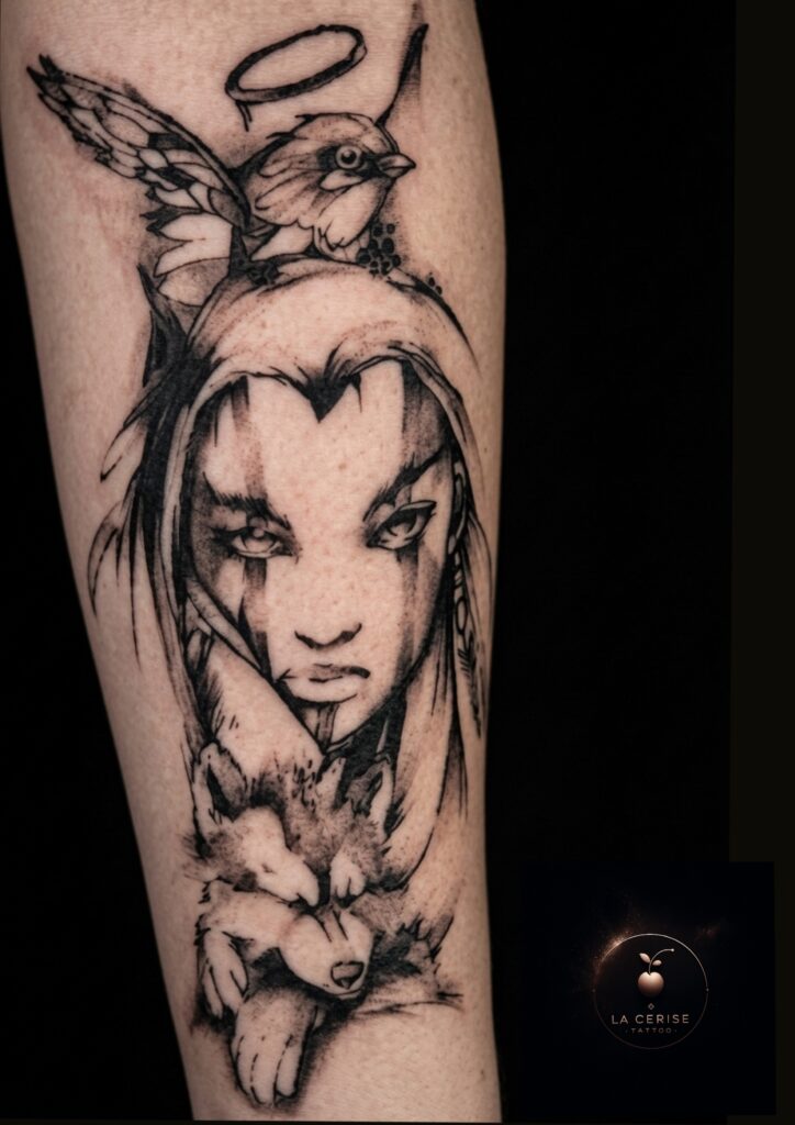 Tatouage fine line visage- La Cerise Tattoo à Gland - tatoueur fine line vaudois
