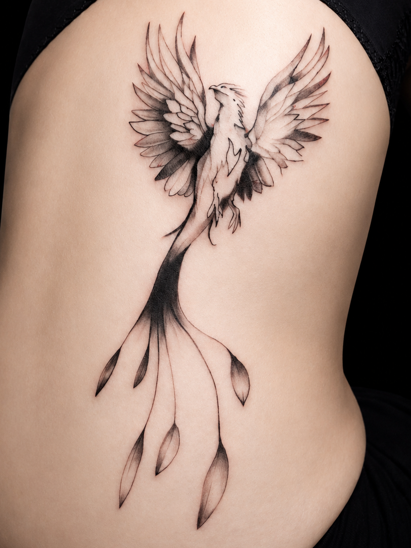 Tatouage phénix fine line, Studio La Cerise Tattoo Gland - Nyon- Rolle- Morges- Versoix 